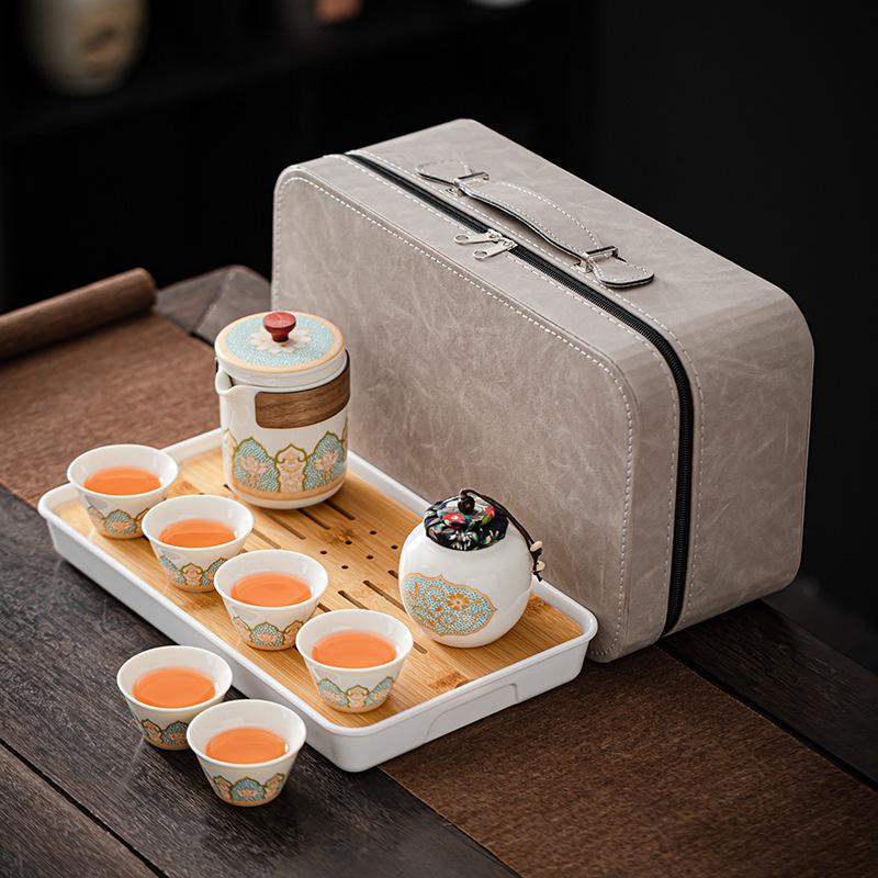 Outdoor camping travel Kung Fu tea set, teapot, ceramic Kuaike teacup, tea tray, portable Guochao gifts
