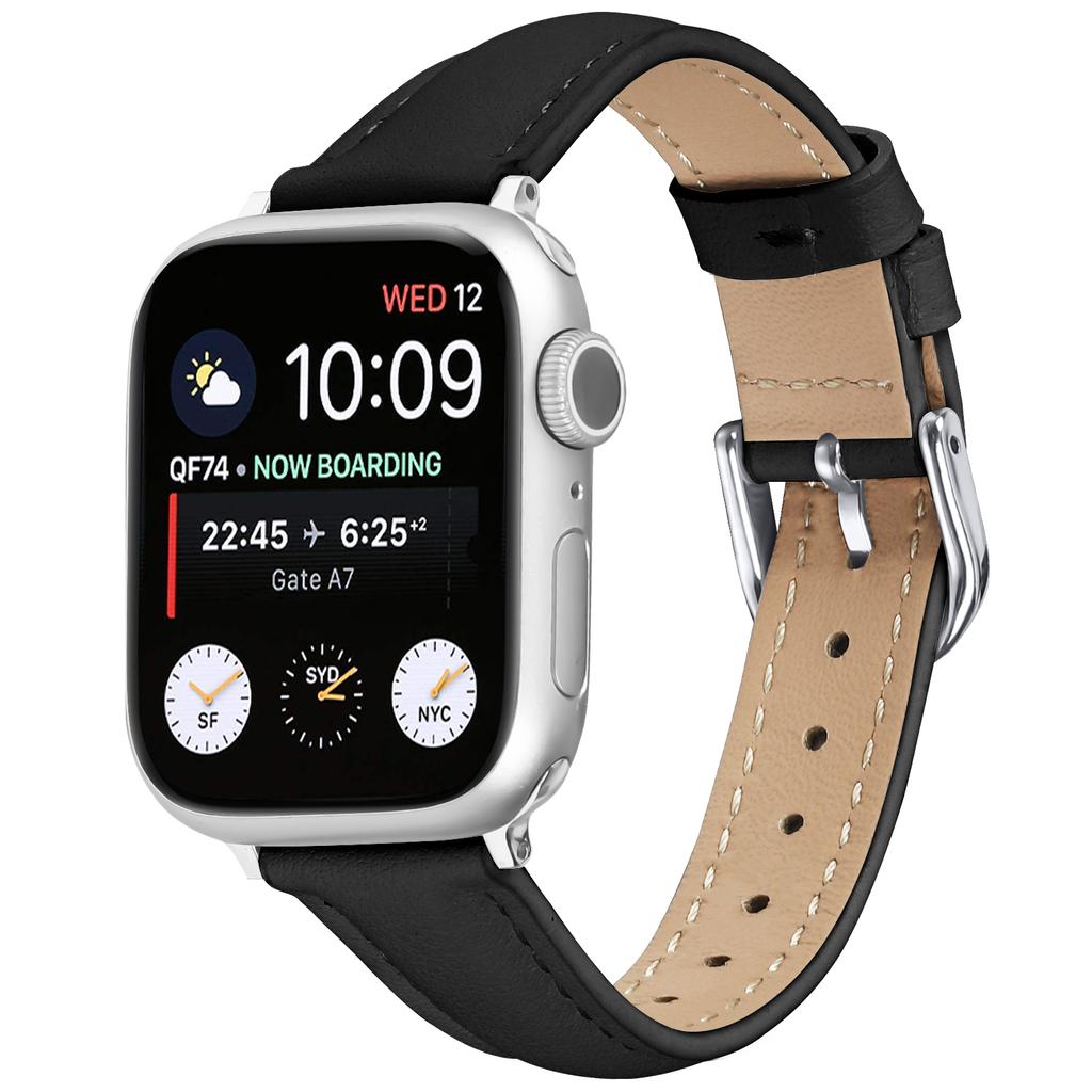 Watch Band For Apple Watch Series 10 Ultra 9 8 7 SE 6 5 4 3 2 1 46mm 49mm 45mm 44mm 42mm Genuine Cow Leather Strap with Silver Buckle