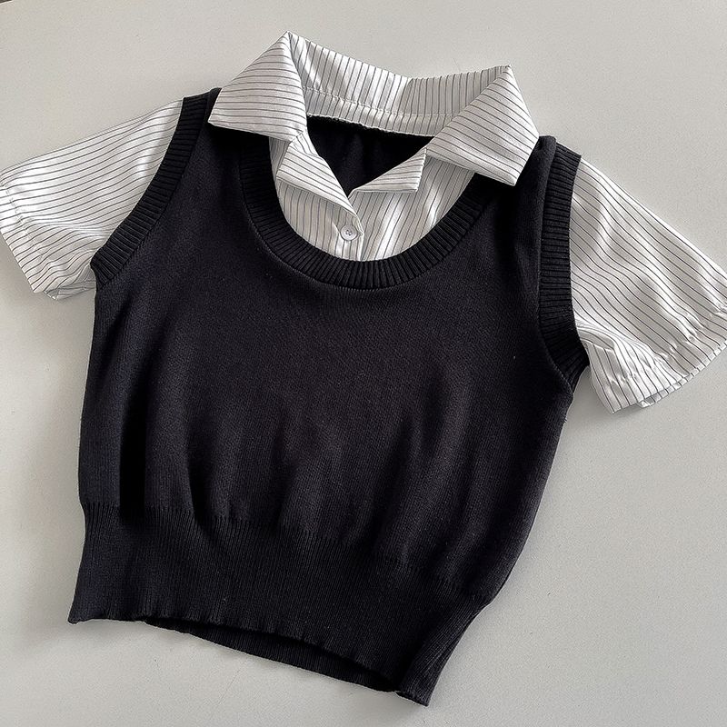 

Пэчворк Трикотаж с коротким рукавом Весна и Осень Плечо Ложный Двойка Black All yards