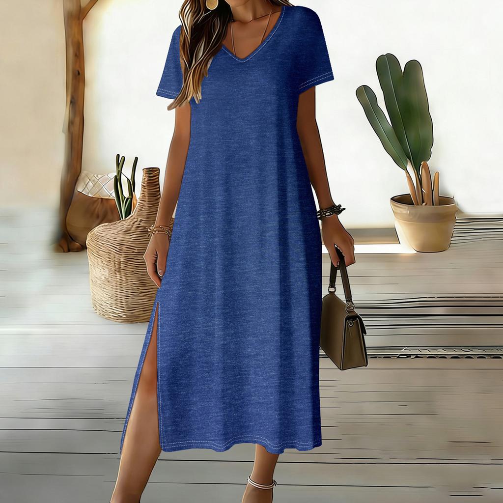 Damen Casual Lockerer V-Ausschnitt Kurzarm Rock Mit Schlitz Am Saum Und Mittellangem Design