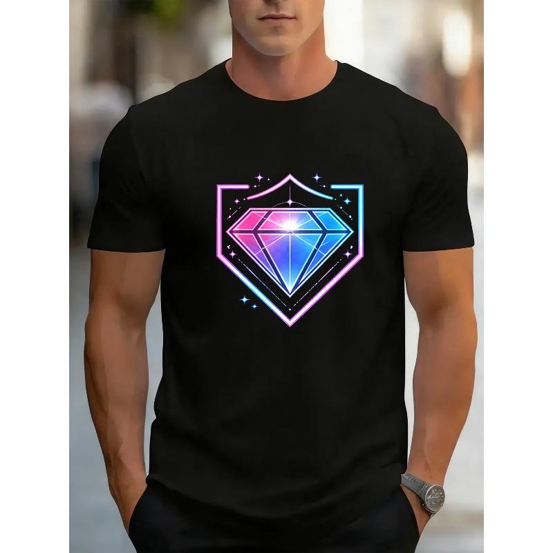 European sizes Trendy Neon Gradient Diamond Shield Badge with Starlight Embellishment Print | Easy and Fashionable Men'S Crew Neck T-Shirt