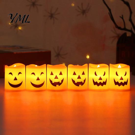 Battery Operated Halloween Decorations 6 Pcs Flameless Tea Lights, Orange Flickering Electric Fake Creative Gift for Candles, Spooky Pumpkin