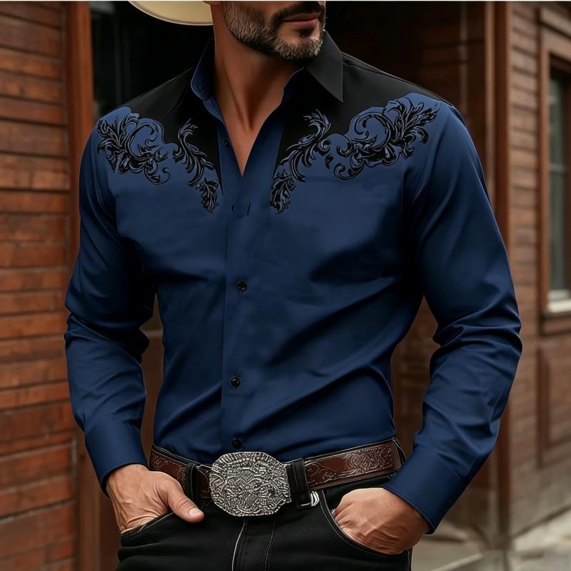 Stylish Men's Baroque Floral Embroidered Western Shirt, Satin Feel Slim Fit Button Up Blouse