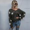 Women Star Pattern V Neck Tassel Knit Sweater Vintage Elegant Top Autumn Winter