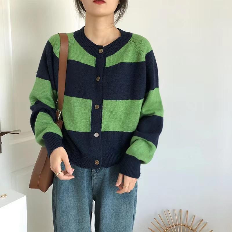 Autumn and Winter Fashion Loose Striped Knitted Cardigan Women's Casual Single-breasted Sweater Female