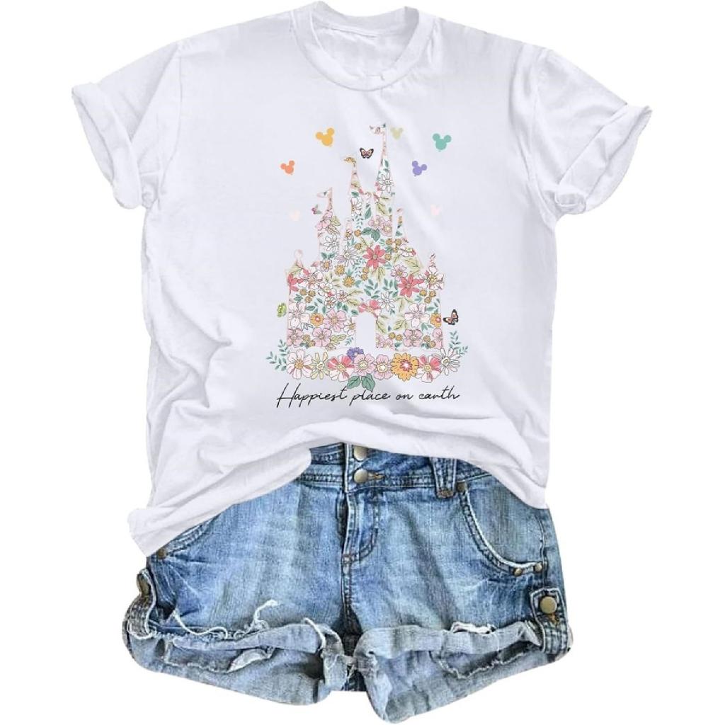 Magic Kingdom Shirts for Women Floral Magical Castle Graphic Cute Tshirt Flower Family Holiday Vacation Trip Tee Tops