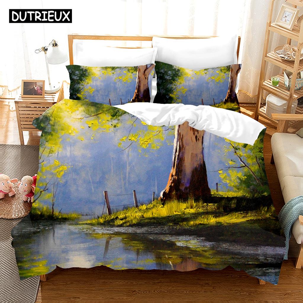 Fantasy Oil Painting Bedding Set House Bridge Scenery Duvet Cover Set Bedroom Bed Bedclothes Decor Luxury Gift Queen King Size