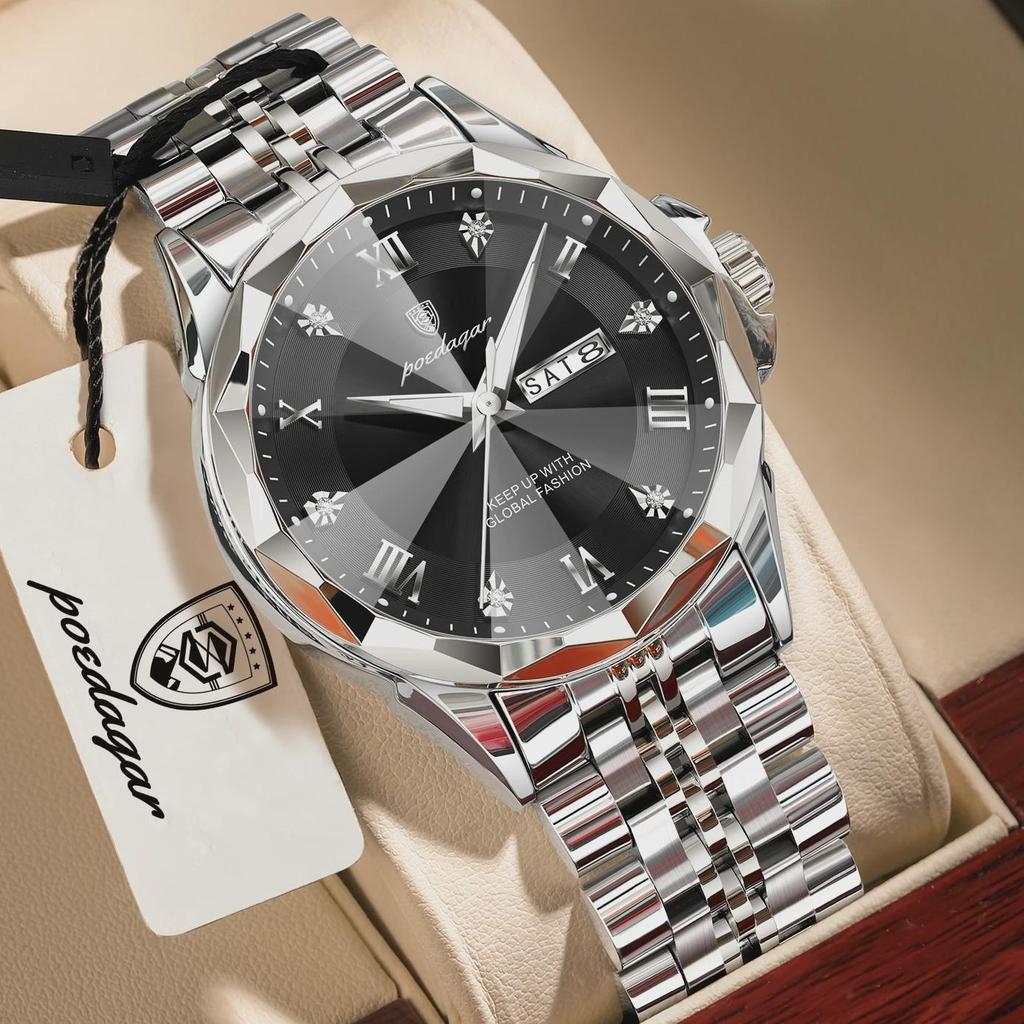POEDAGAR Luxury Fashion Man Clock Top Business Waterproof Luminous Date Week Men's Watches Quartz Stainless Steel Wristwatch