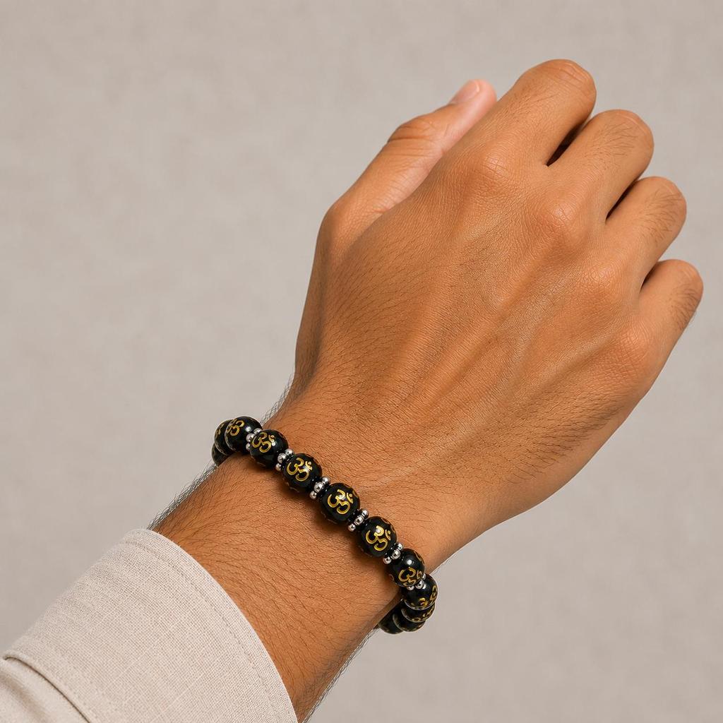 Black Onyx OM Beads Stretchable Bracelet 7.5" , Good-Luck Beads Bracelet For Your Love, Handmade Jewelry, Unisex Gift CSB-42