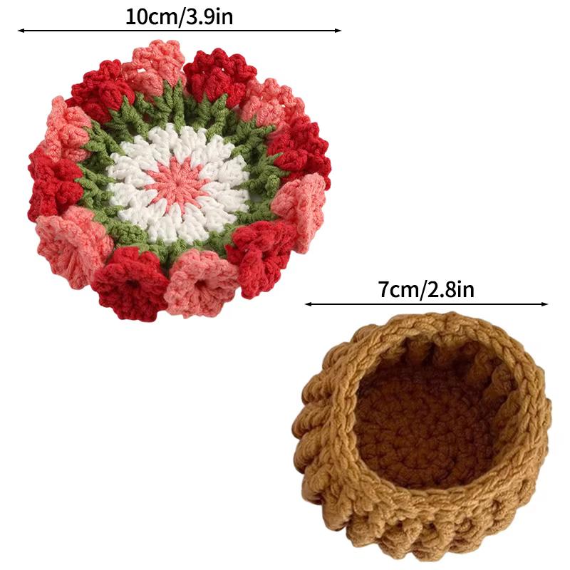 Creative Knitted Coasters Mini Rose Hand-Held Bouquets Placemat Crocheted Rose Coasters Small Flower Potted Desktop Decorations