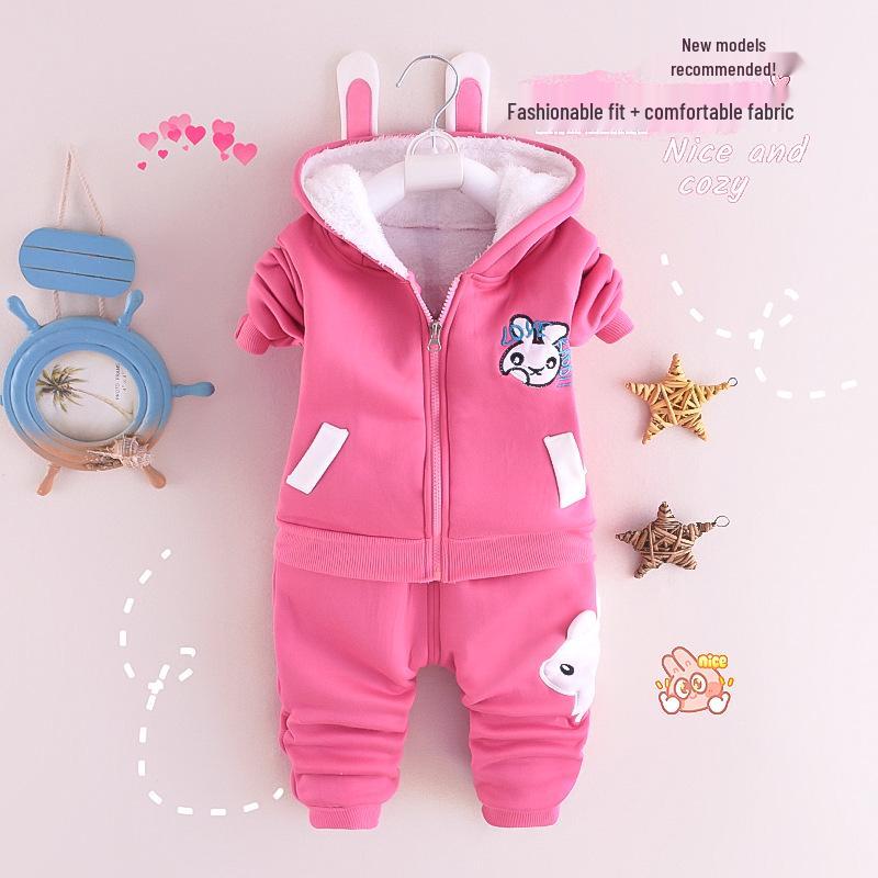 2021 Autumn/Winter Fleece-Lined Children's Cartoon Two-Piece Set for Boys and Girls Ages 0-4