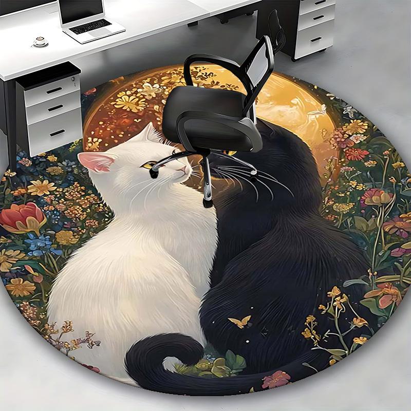 1pc Anime Design Round Carpet Office Chair Mat with Cats and Flowers, Non Slip Rug for Home Decor