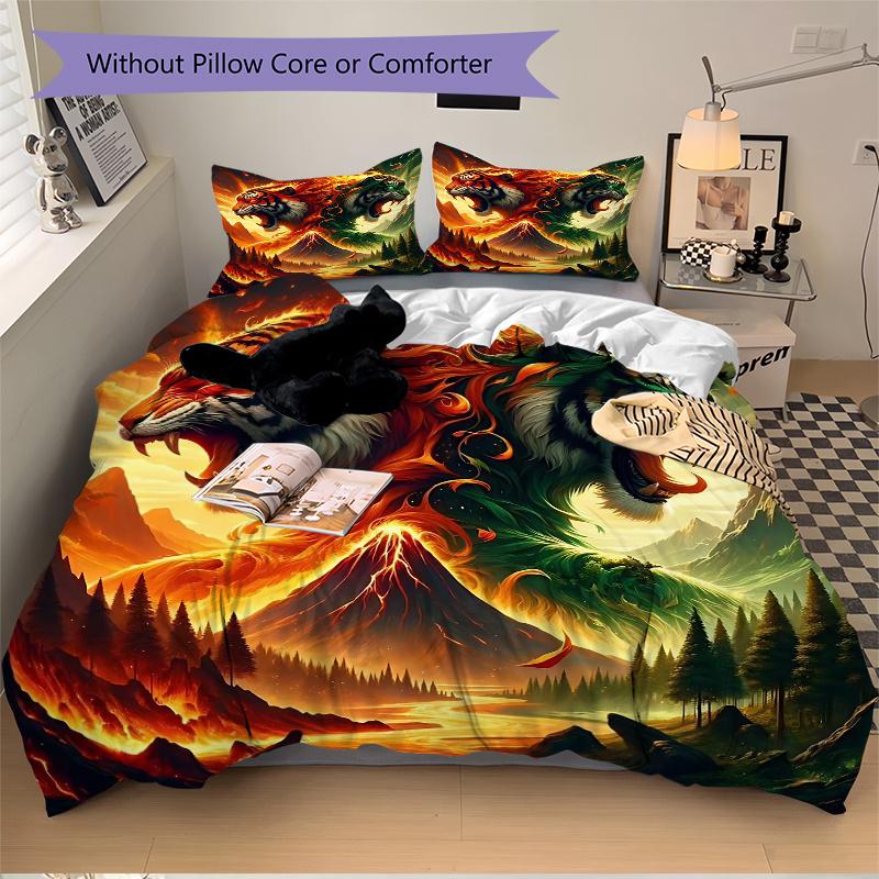 3pcs Flaming and Verdant Tiger Printed Duvet Cover Set (1 * Cover+2 * Pillowcase, Without Core), Suitable for Home Bedroom,