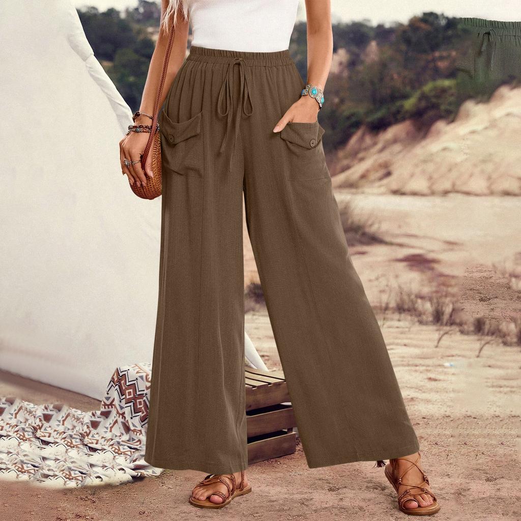 Women's Loose-Fit Casual Wide-Leg Pants With Pockets, Drawstring Waist, And Elastic Waistband