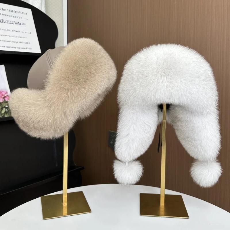 Women's ear-protecting fox fur hat fashion Luxurious real fox fur bomber hat Girls winter outdoor soft sheepskin leather hat