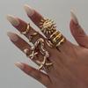 6Pcs Vintage Boho Ocean System Rings Set Shell Pearl Starfish Open Ring for Women Irregular Geometric Knuckle Ring Party Zircon