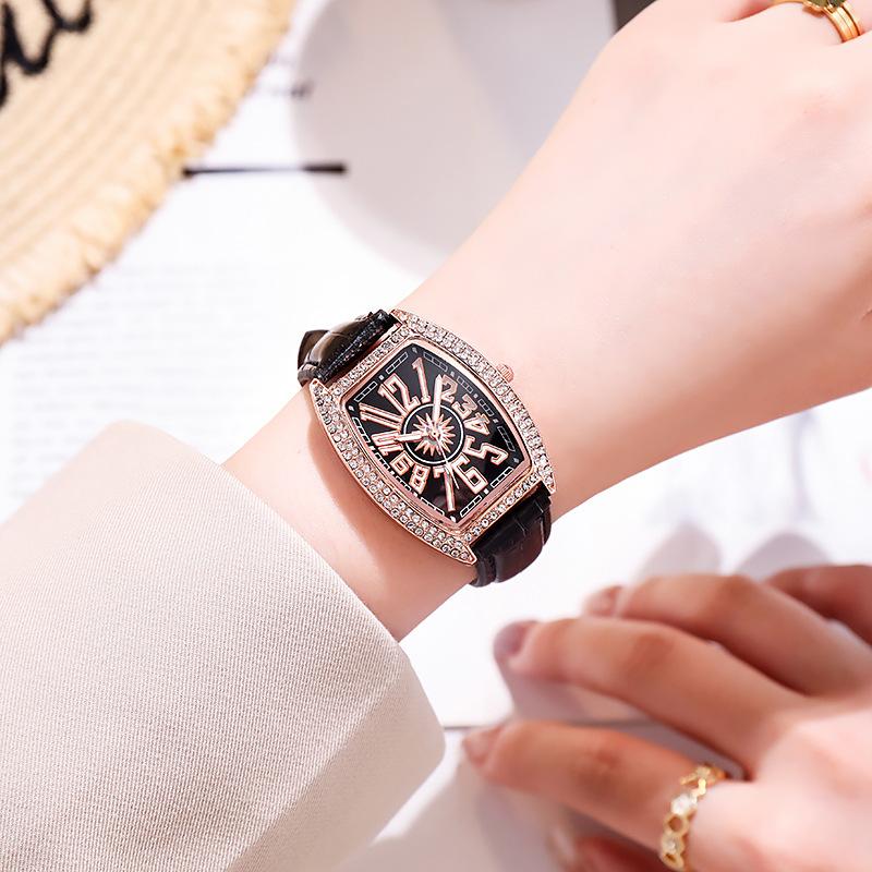 Ladies Leather Belt Rhinestone Watch Barrel-shaped Roman Numeral Wristwatch