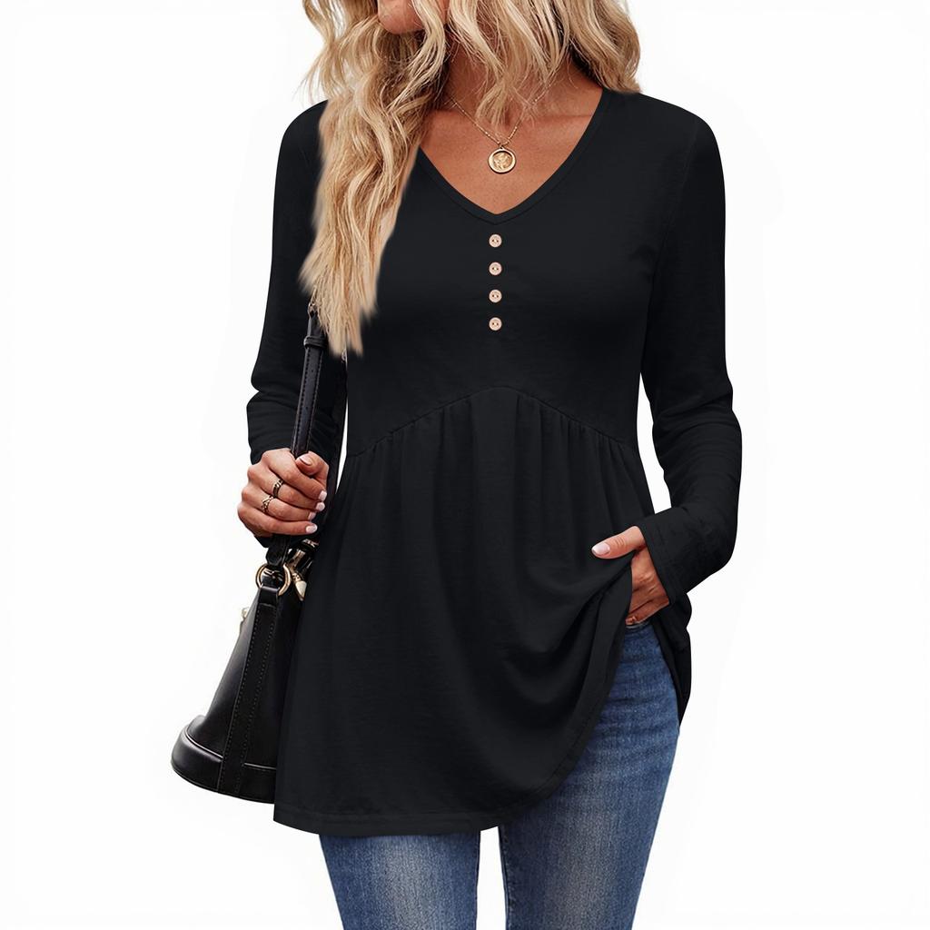 Women's Casual Fashion V-Neck Button Solid Color Long Sleeve Top