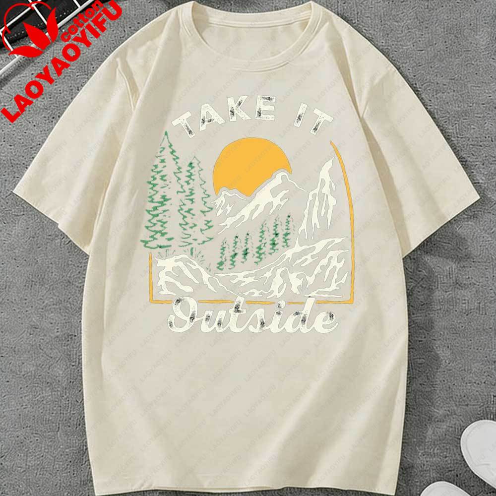Retro Take It Outside Mountain Sunset TShirt Vintage Outdoor Graphic Cotton Casual Tops Perfect Gift for Hiking Camping Lovers