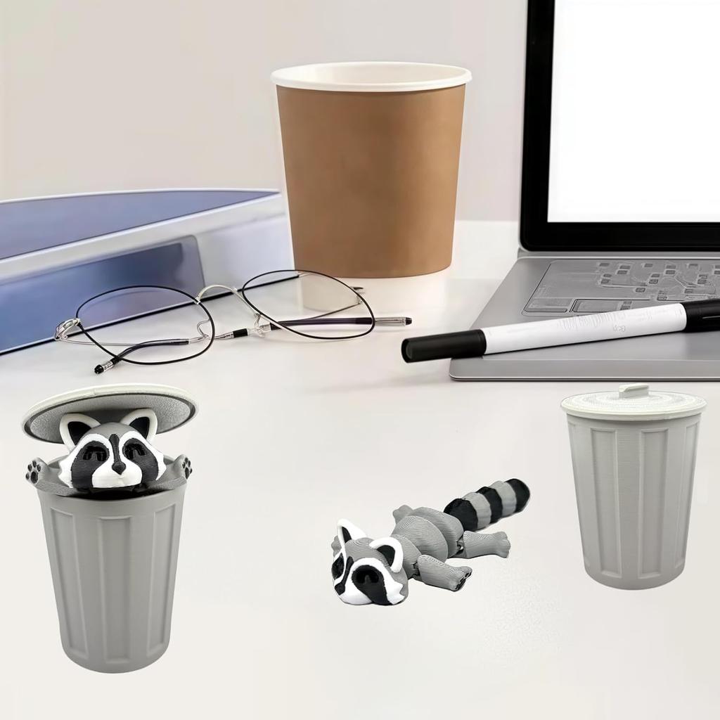 3D Printed Raccoon Animals - Fidget With Trashcan, Home Office Decor Stocking Stuffers Bulk, Birthday Party Halloween