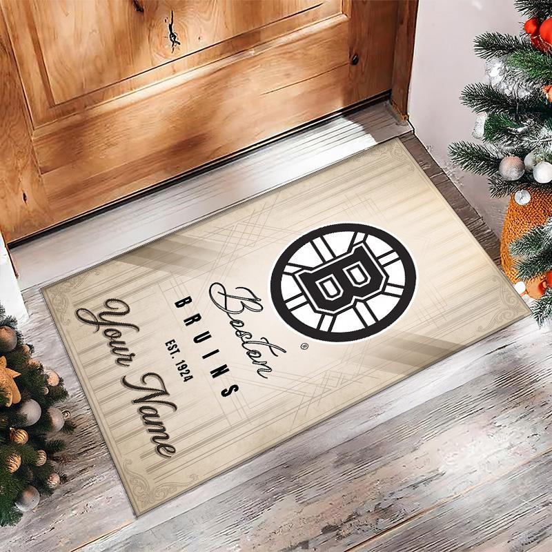 Tappeto in Velluto di Cristallo Boston Bruins, Tappetino Antiscivolo Personalizzato con Testo Nome per Arredamento Casa Regalo