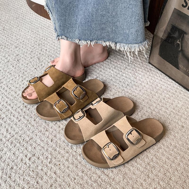 Fashion Cork Clogged Women's Slippers Summer Retro Comfortable Soft Flat Sandals Matte Platform Sandals Adjustable Button Beach Shoes