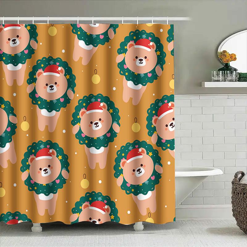 Adorable Christmas Lion Teddy Bear Santa Claus Christmas Decorative Shower Curtain Set Home Textiles Bathroom Decoration
