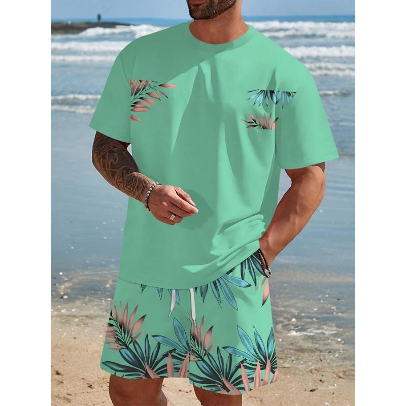 Hawaiianischer Urlaubsstil Sommer Herren 3D-Druck T-Shirt und Shorts Set Locker Einfach Mode Sportbekleidung Lässig Zweiteiliges Outfit Für Erwachsene Männer