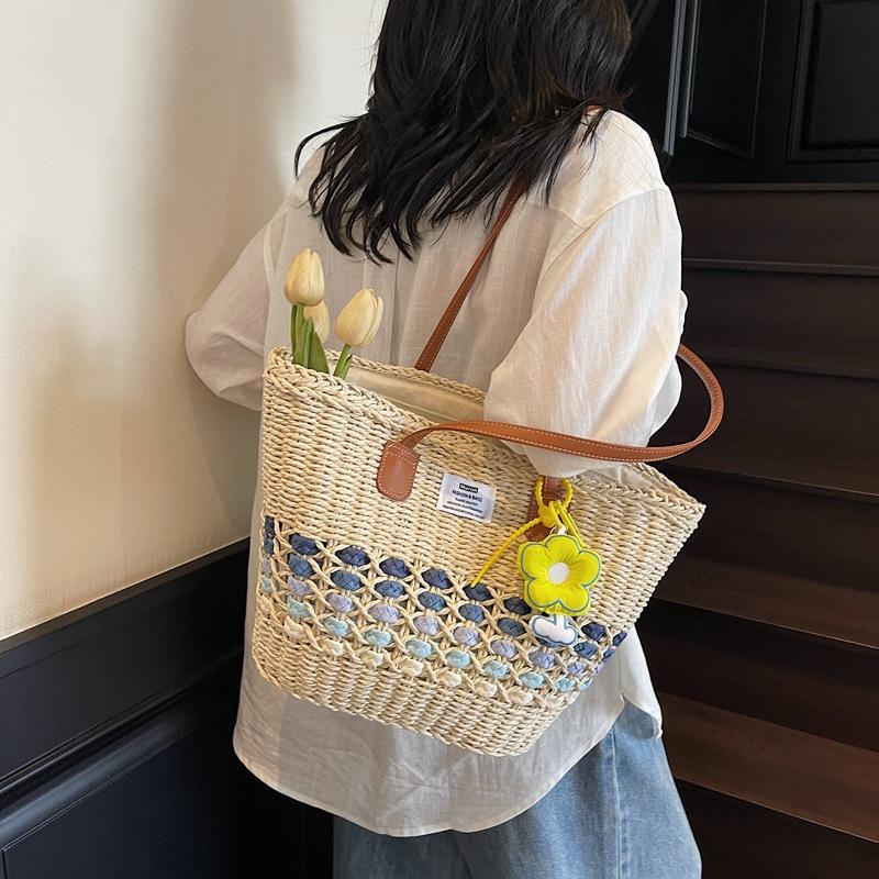 New Woven Shoulder Straw Bag Beach Bag Large Capacity Vegetable Basket Bag Portable Tote Women's Bag