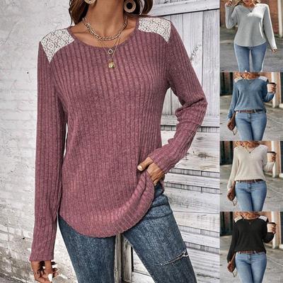 Women's Lace Long Sleeve Ribbed T-shirt: Autumn/Winter Round Neck Style 2024