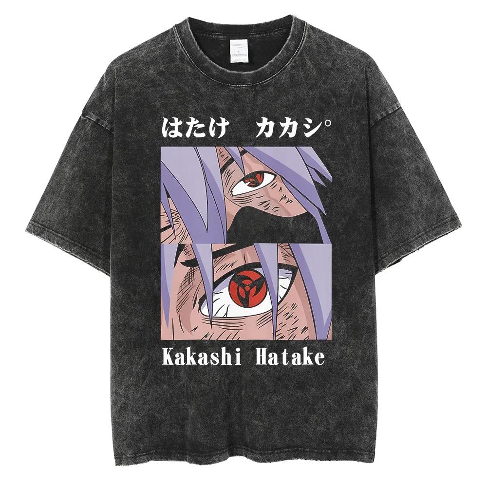 Harajuku Streetwear Vintage TShirt Japanese Anime Naruto Oversize T Shirt Washed Black Tshirt Men Summer Cotton Top Tees