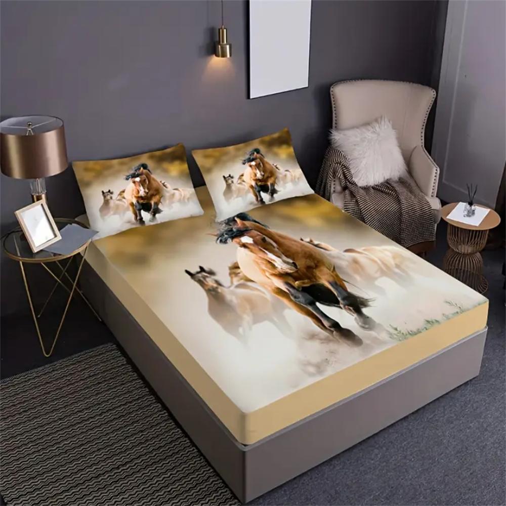 2/3pcs Vibrant Horse Natural Animal Sand Print Fitted Sheet Set - Soft 100% Polyester Material, Breathable, Hypoallergenic