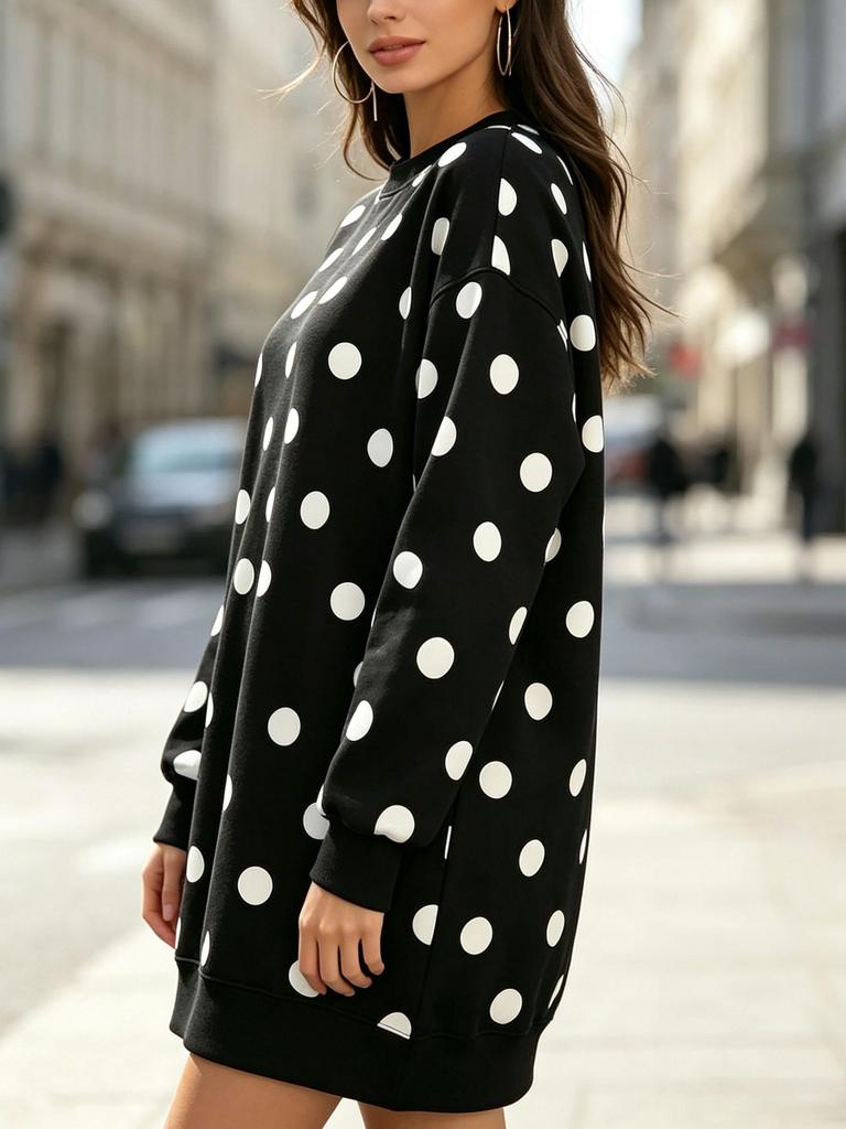 Autumn and winter dress, classic black polka dot sweatshirt dress