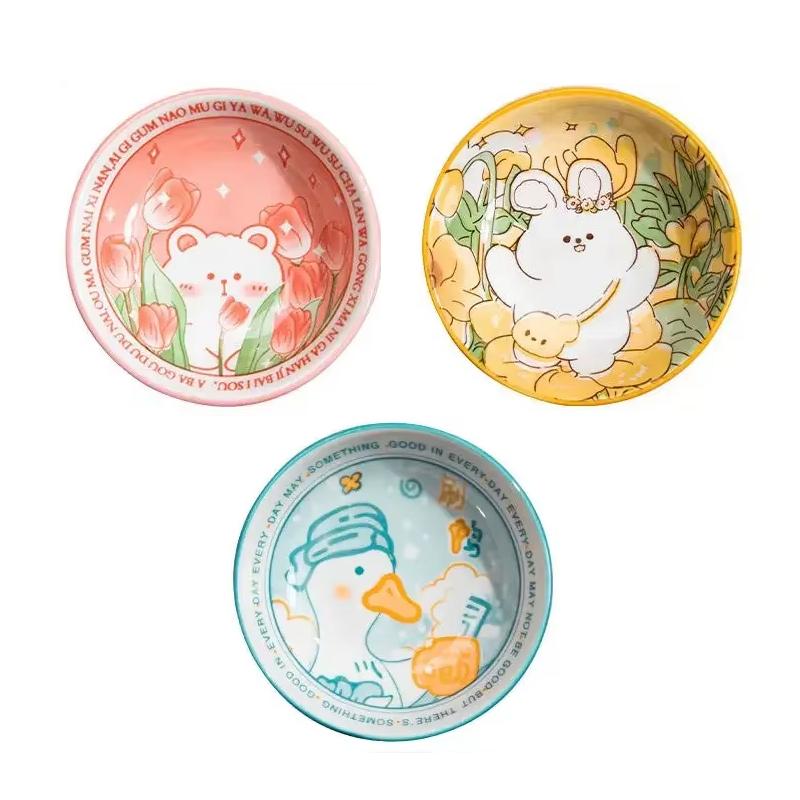 3.5 Inch Japanese Style Ceramic Dessert Sauce Dish Tableware Creative Cute Cartoon Pet Pattern Circular Shape Fruit Sushi Plates