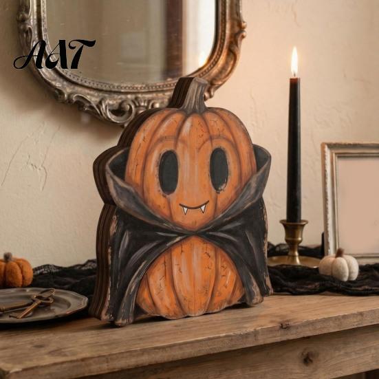 Atmospheric Retro Interior Ornaments Halloween Wooden Ornaments, Distressed Pumpkin/Cat Decorations, Desktop & Wall Unique Handcrafted Wood Decors for