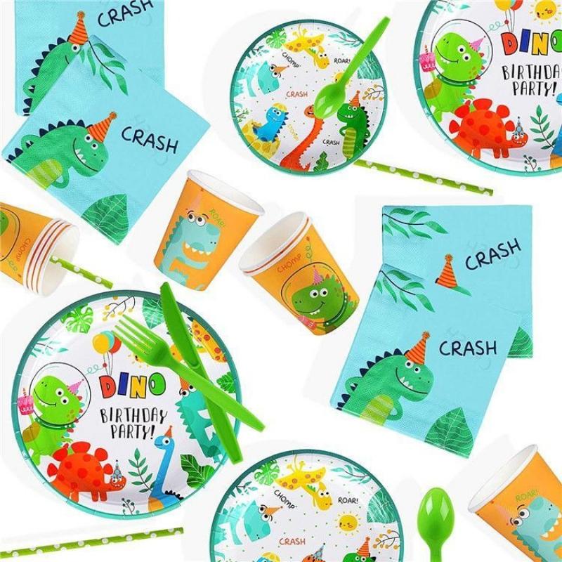 Green Dinosaur-themed Disposable Tableware Set for Children's Birthday Party Scene Decoration Supplies