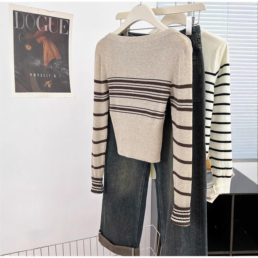 Core-spun yarn washing water, striped square neck front shoulder long-sleeved knitted sweater women's short autumn and winter thin sweater