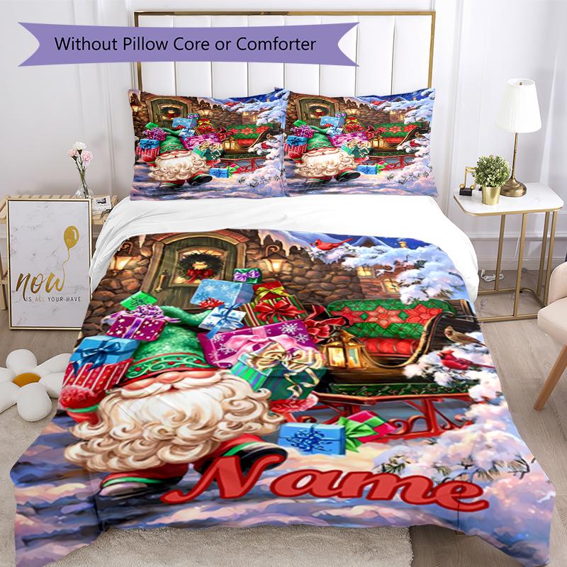 3pcs Custom Name Christmas Santa Claus Bedding Set Duvet Cover Closure Includes 1 Duvet Cover & 2 Pillowcases, Soft and Comfortable for All Seasons.
