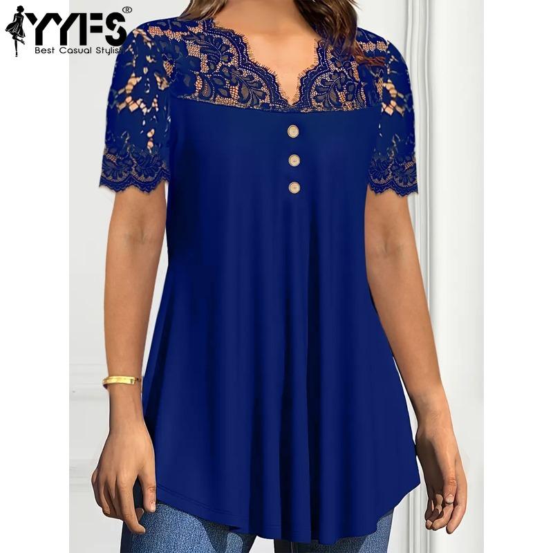 YYFS Women's Fashion Casual Summer Spring Solid Color Print Short Sleeve V-Neck Blouses & Shirts