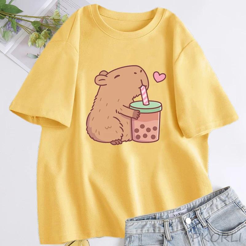 Cute Capybara Loves Bubble Tea T Shirt for Women Cotton Short Sleeve Cartoon Graphic T Shirts Summer Short Sleeve Tee Clothes