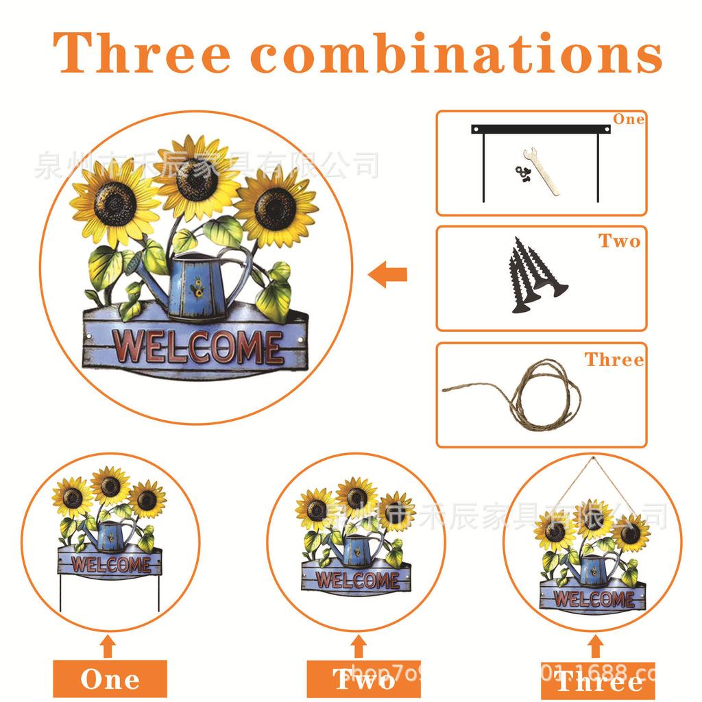 Metal Sunflower Wall Decor with Watering Can and Welcome Sign Garden Hanging Ornament Indoor Outdoor Wall Art
