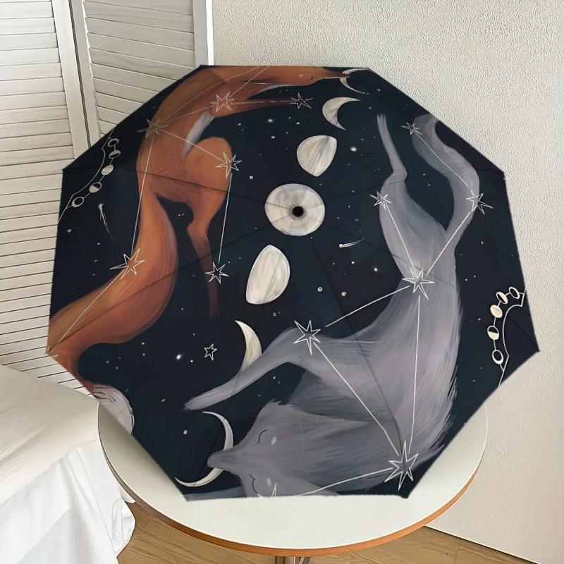 

1pc Foxes, Moon Phases, Starry Sky Umbrella with Plastic Handle,Suitable for All Seasons Home Travel Outdoor UmbrellaDD469