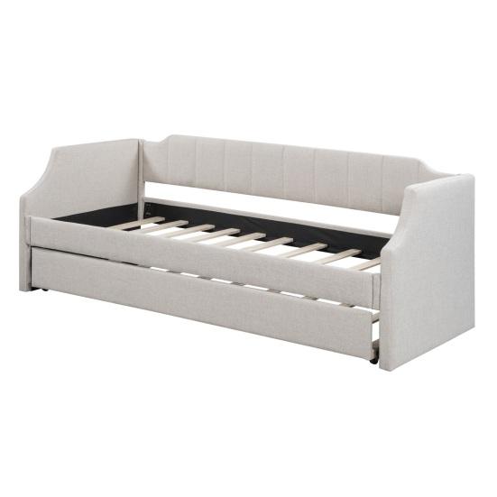 90x200cm Folding Bed Cotton Linen Fabric Day Bed with Pull-out Bed Headboard Strong Wood Slat Support Bed Home Furniture,