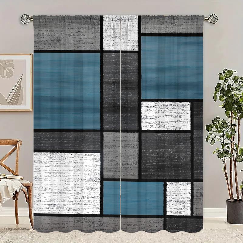 2pcs- Geometric spliced square polyester fabric curtains, bathroom, bedroom, living room, and family space decor curtains