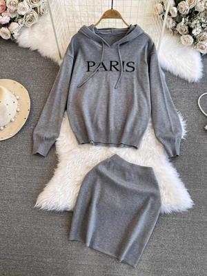 Spring Autumn Brand Designer Runway Outfits Women Knitted Sweater Letter Hooded Sweatshirt and Mini Short Sheath Skirt Two Piece Set