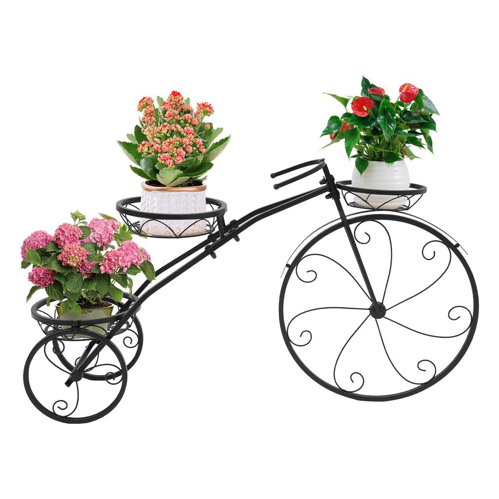 Dreirad Pflanzenständer 3-stufig Fahrrad Blumentopf DIY Eisen 22.05lbs Schwarz für Zuhause Garten Terrasse Eingangsbereiche Sonnige Fenster