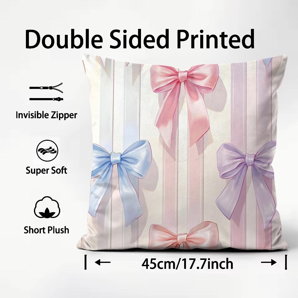 Pink Bow INS Cushion Cover Plush Fabric Soft DoubleSided Printed Sofa Warm Winter Home Child Gift Pillow Case
