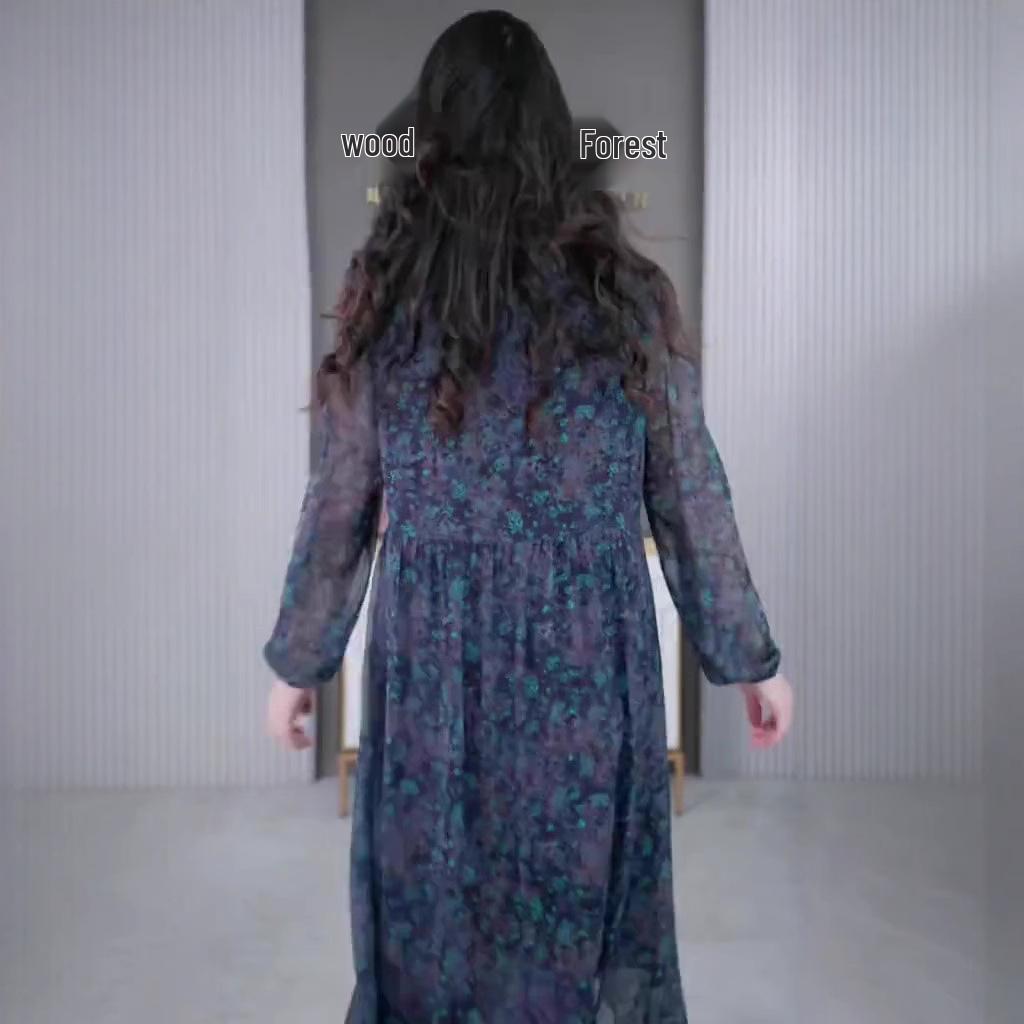 Spring Floral Long Sleeve Chiffon Dress for Middle-Aged Mothers