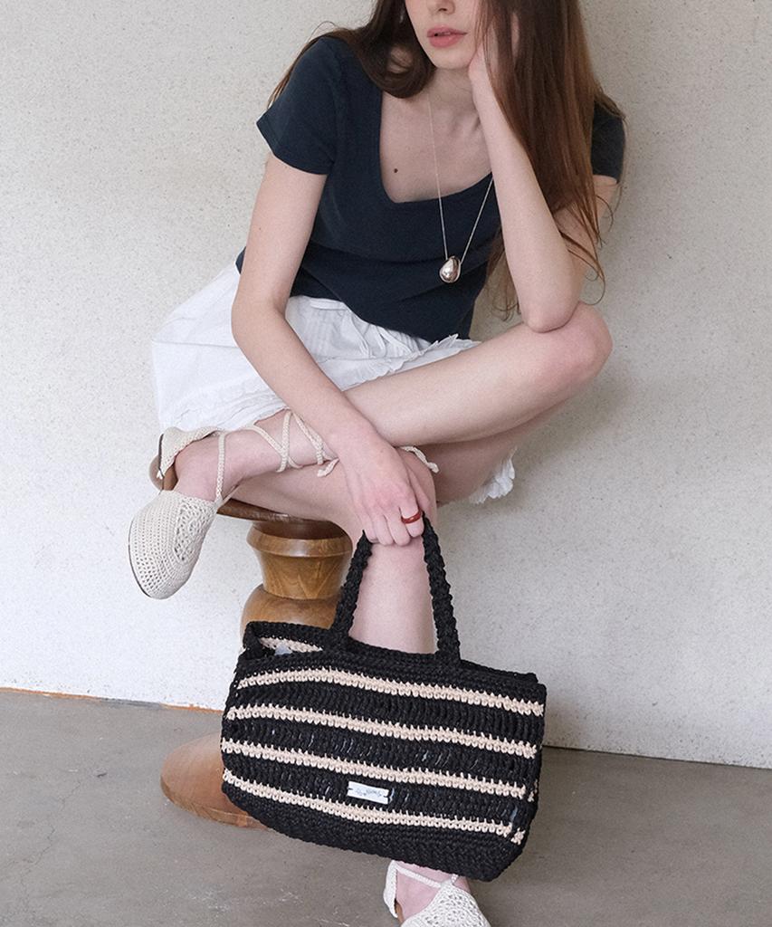 Slowslowly Moroccan Handmade Crochet Stripe Wide Tote Bag _ Black