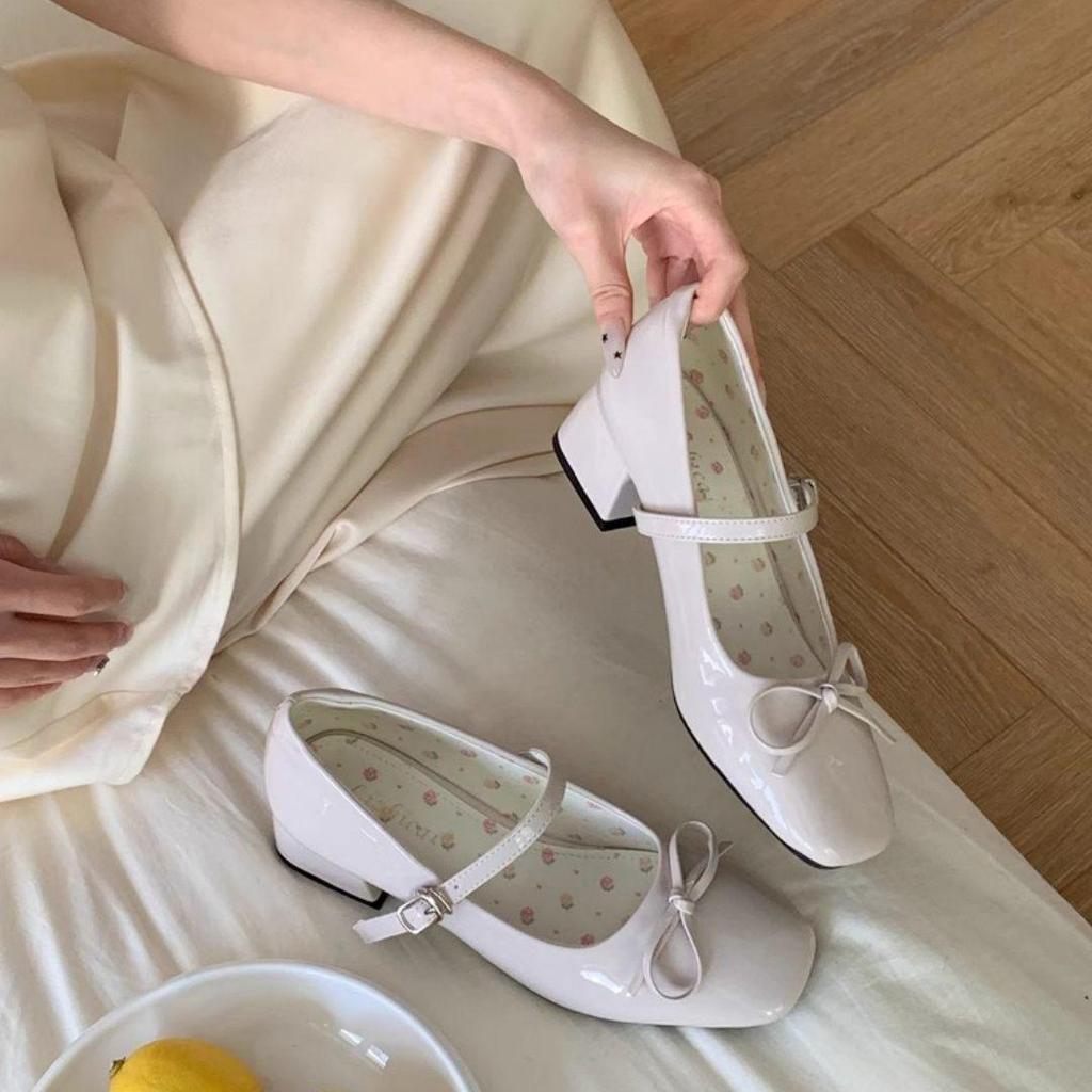 2025 Nové francouzské Mary Jane s nízkým výkrojem a mašlí, kožené podpatky - Elegantní jarní styl